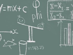 LearnOnline International A level Mathematics - chalkboard with maths equations displayed