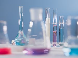 LearnOnline Self-study Chemistry A level - close up of science test tubes and beakers