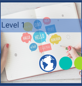 Open notebook with different languages written in speech bubbles with Level 1 written over top