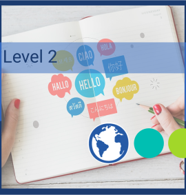 Open notebook with different languages written in speech bubbles with level 2 over the top